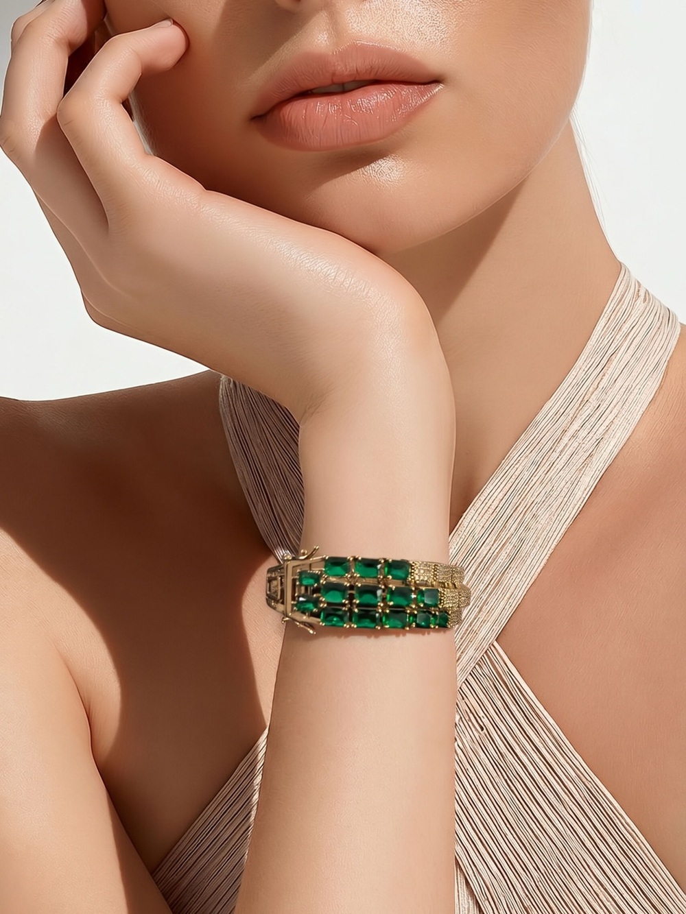 Gold Bracelet with Green Stones - Designer Women Jewelry
